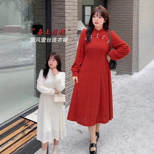 女装 胖妹妹长款 冬季 加绒复古风蕾丝裙 连衣裙子 新款 现货k2636大码