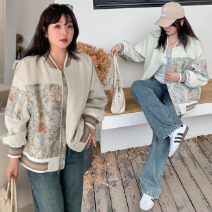 秋 韩版大码新品级感轻奢长袖棒球服微200斤洋气设计感刺绣夹克女