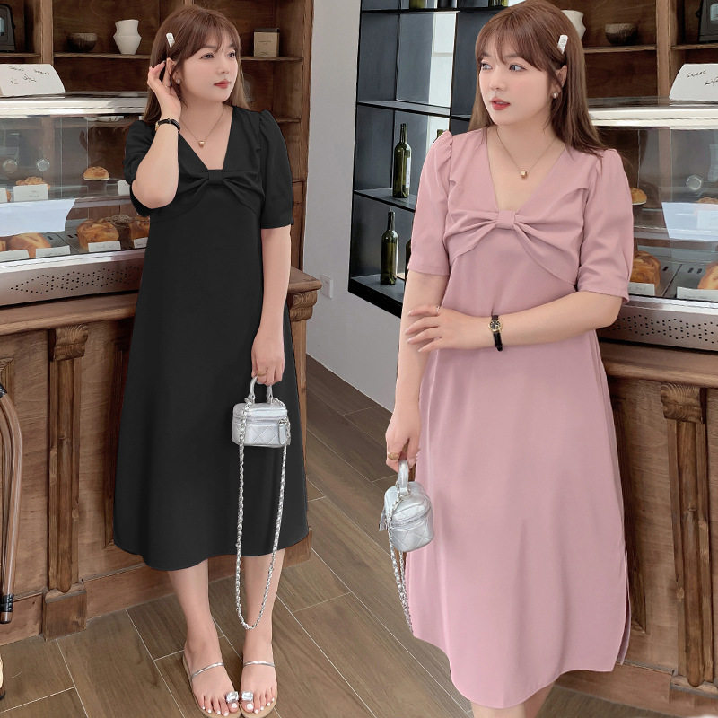 胖大码女装200斤加肥加大 夏季韩版纯色蝴蝶结短袖连衣裙气质女裙