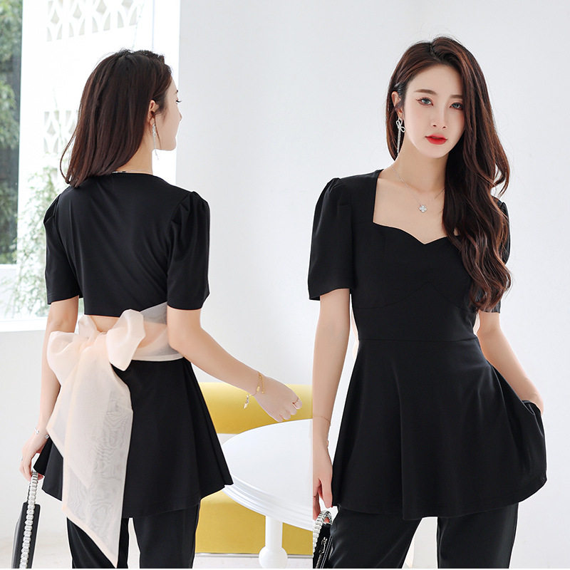 大码胖MM上衣潮名媛微胖遮肉女气质公主袖露背法式蝴蝶结性感针织