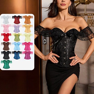 春夏新款 托胸骨衣 辣妹万圣节蕾丝花边鱼骨塑身上衣一字肩带泡泡袖