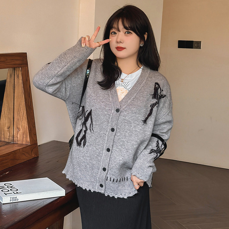 冬大码女装撞色提花蝴蝶针织开衫200斤韩版女 胖mm宽松休闲外套女