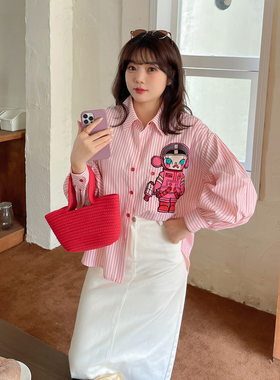 胖mm衬衫女士韩版竖条纹