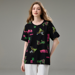 新款 夏装 胖妹妹宽松显瘦上衣200斤胖mm时尚 减龄短袖 大码 T恤衫 女装