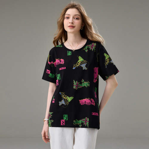 200斤胖mm时尚减龄圆领短袖T恤