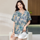 女装 夏装 200斤胖妹妹时尚 大码 休闲天丝雪纺上衣胖mm宽松显瘦T恤衫
