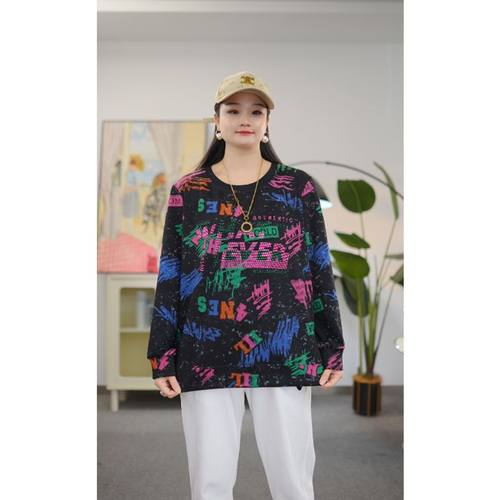 大码女装秋装新款200斤胖妹妹洋气时尚长袖上衣胖mm宽松显瘦T恤衫