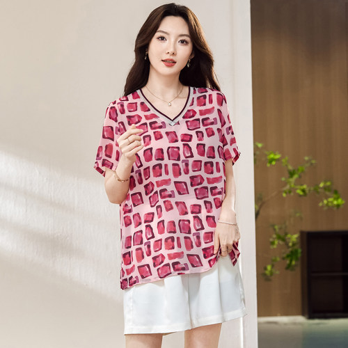 胖mm夏装百搭休闲短袖雪纺T恤