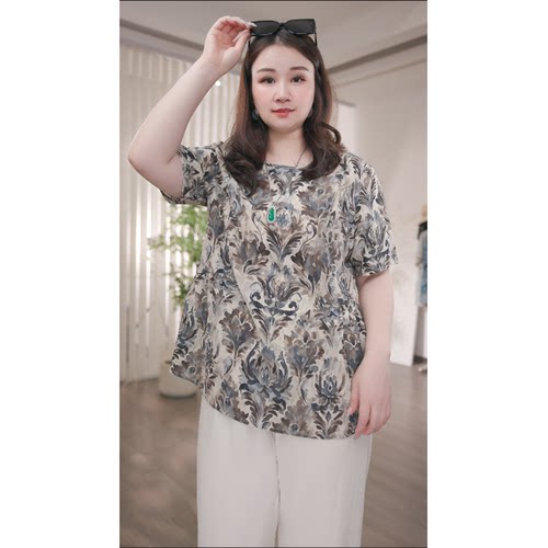 大码女装夏季新款天丝上衣200斤胖mm洋气百搭优雅显瘦短袖T恤衫