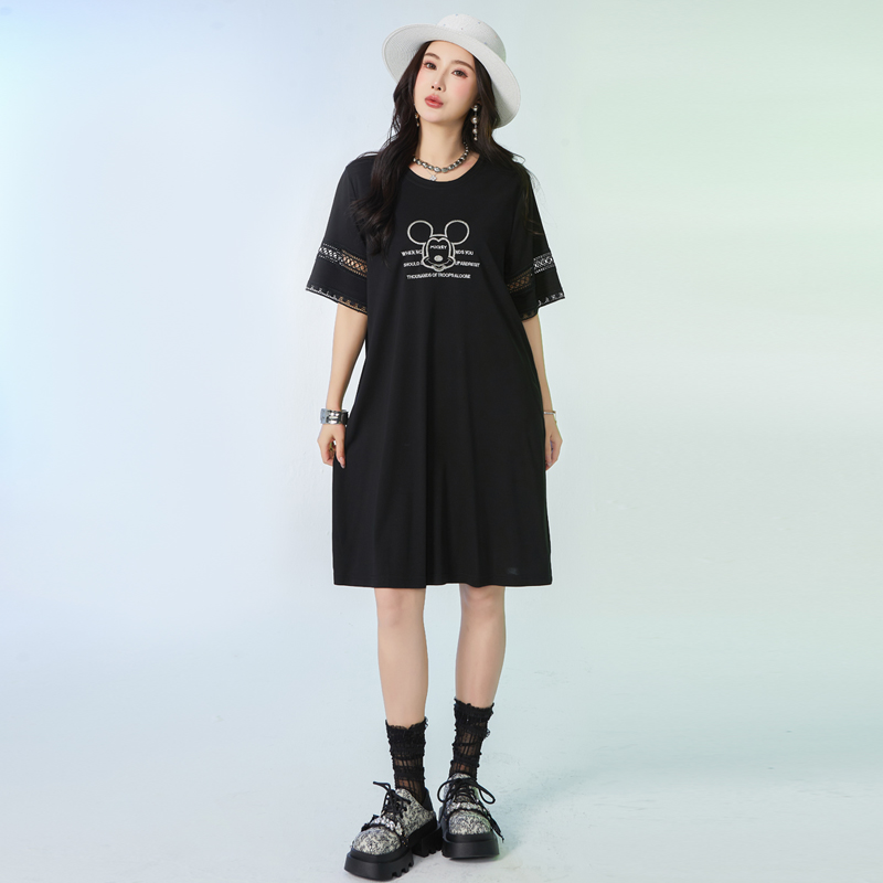 加肥加大码女装200斤胖mm夏装时尚遮肉显瘦中长款短袖休闲连衣裙