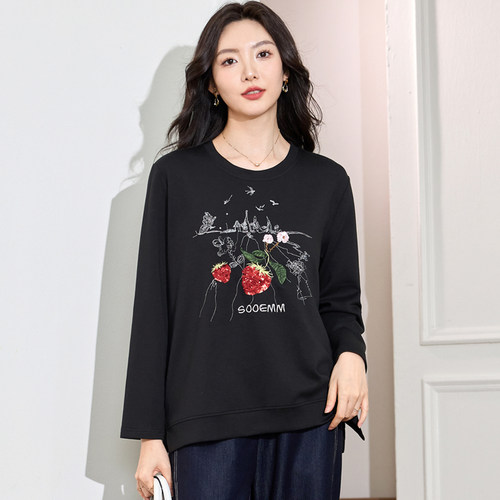 200斤胖mm洋气时尚显瘦长袖T恤衫