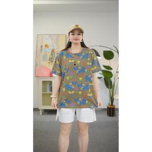 新款 大码 t恤200斤胖mm宽松遮肚显瘦妈妈印花上衣夏季 女装 纯棉短袖