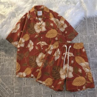 夏季男士睡衣冰丝短袖繁花叶子休闲时尚夏天青年可外穿家居服套装