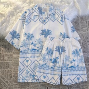 夏季男士睡衣冰丝短袖夏威夷风椰树夏天青年大码可外穿家居服套装