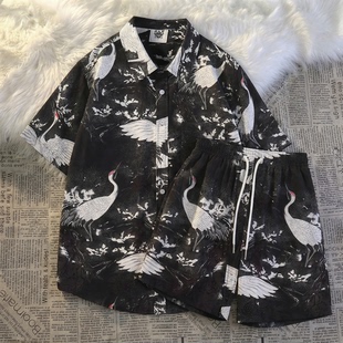 夏季男士睡衣冰丝短袖高级感白鹤可外穿夏天青年学生开衫居服套装