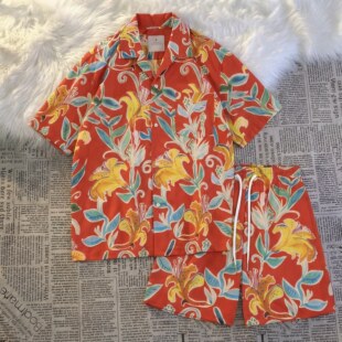 夏季男士睡衣冰丝短袖喜庆红色繁花叶子夏天青年可外穿家居服套装