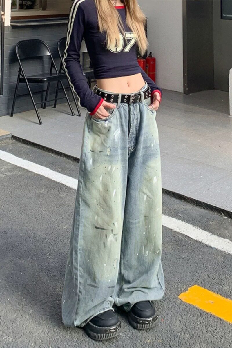 官2417-P55酷拽少女设计感小众泼漆涂鸦牛仔裤女街头阔腿拖地裤，女装牛仔裤，电商A306-1