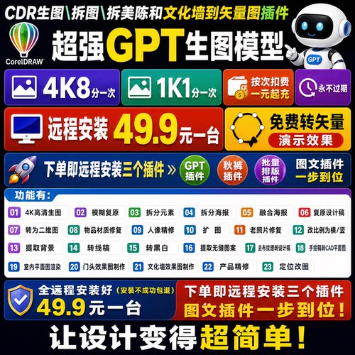 CDR插件/GPT模型一元一天100次生图/转高清/拆分元素/转矢量/远程