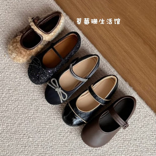 韩版秋冬季款女童小皮鞋2025女孩红色公主鞋舞蹈鞋法式加绒毛毛鞋