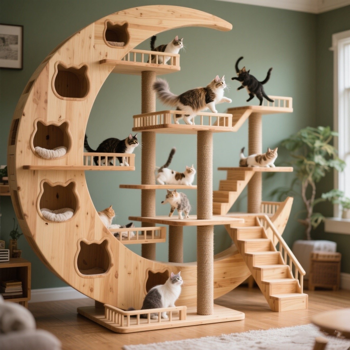 实木月亮形猫爬架猫窝一体猫别墅猫爬架