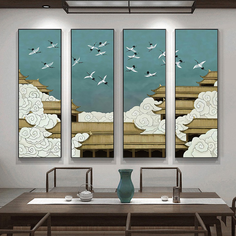 中式装饰画竖版宫殿仙鹤建筑风景画酒店大堂四联画茶室瑞鹤图挂画图片