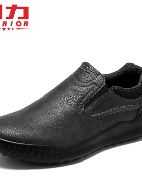 回力男鞋休闲鞋皮面防水黑色工作鞋软底防滑耐磨轻便一脚蹬爸爸鞋