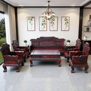 客厅组合 红木老挝大红酸枝八马沙发10件套交趾黄檀原实木雕花中式