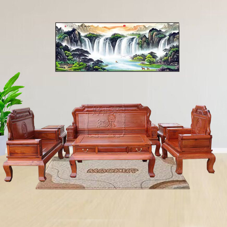 红木缅甸花梨木123沙发独板6件套大果紫檀实木新中式客厅组合明清