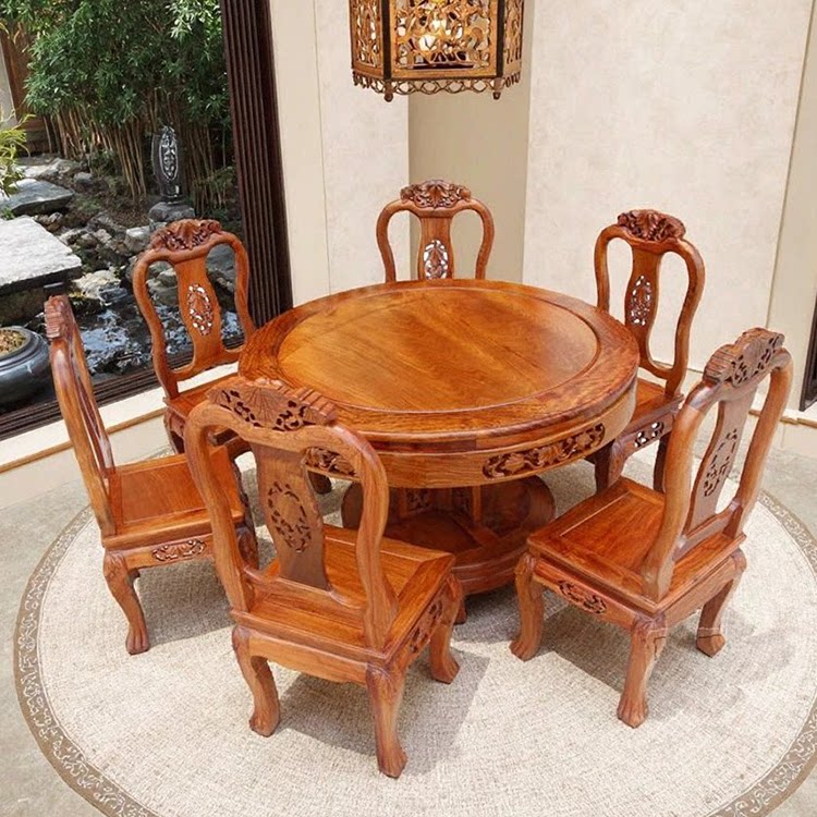 红木家具缅甸花梨木圆形餐桌大果紫檀实木欧式雕花桌椅组合7件套