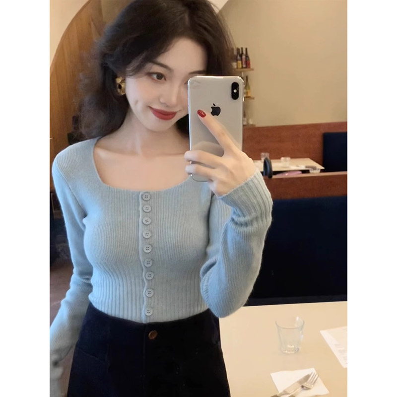 方领毛衣女2024秋冬新款长袖短款修身内搭套头纯色打底针织衫上衣