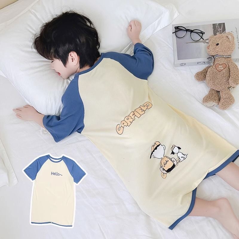 睡衣男童夏季纯棉短袖薄款2026新款可爱卡通空调服连体睡裙家居服