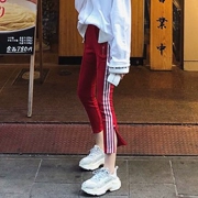 Mùa xuân hè mặc phần mỏng mặc quần legging nữ phiên bản Hàn Quốc của quần ba dây sọc Quần mỏng chân dài quần 9 điểm - Quần tây thường