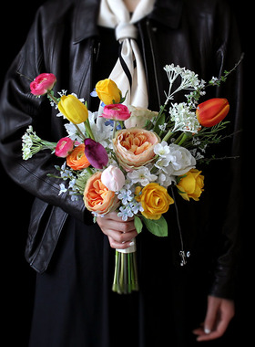 仿真花橘黄色玫瑰新娘结婚拍照手捧花影楼摄影婚纱照花束领证花艺