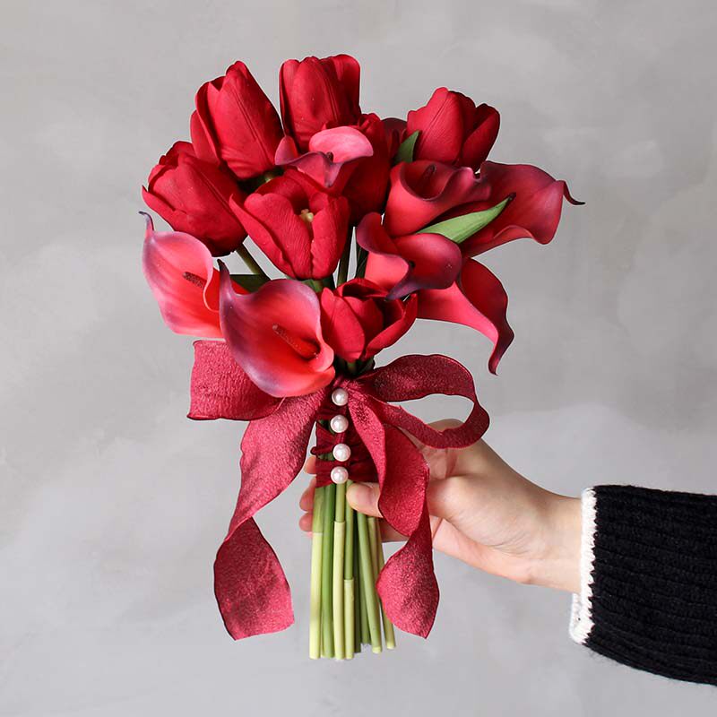 仿真花红色马蹄莲手捧花郁金香婚礼拍照把束花领证花影楼拍摄道具