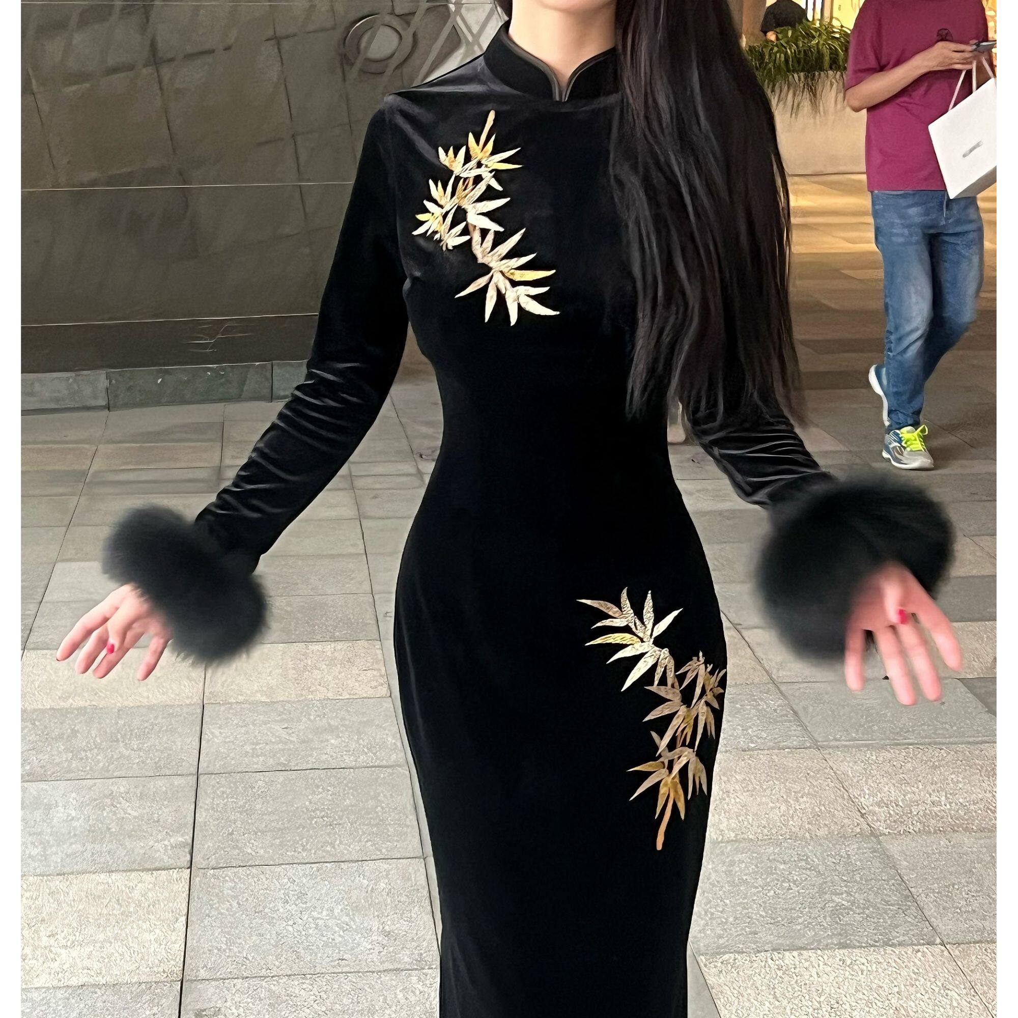 画报夫人黑色丝绒旗袍秋冬新中式