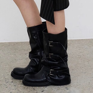 罗斯 设计款 三扣褶皱亮面帅气百搭女靴骑士靴