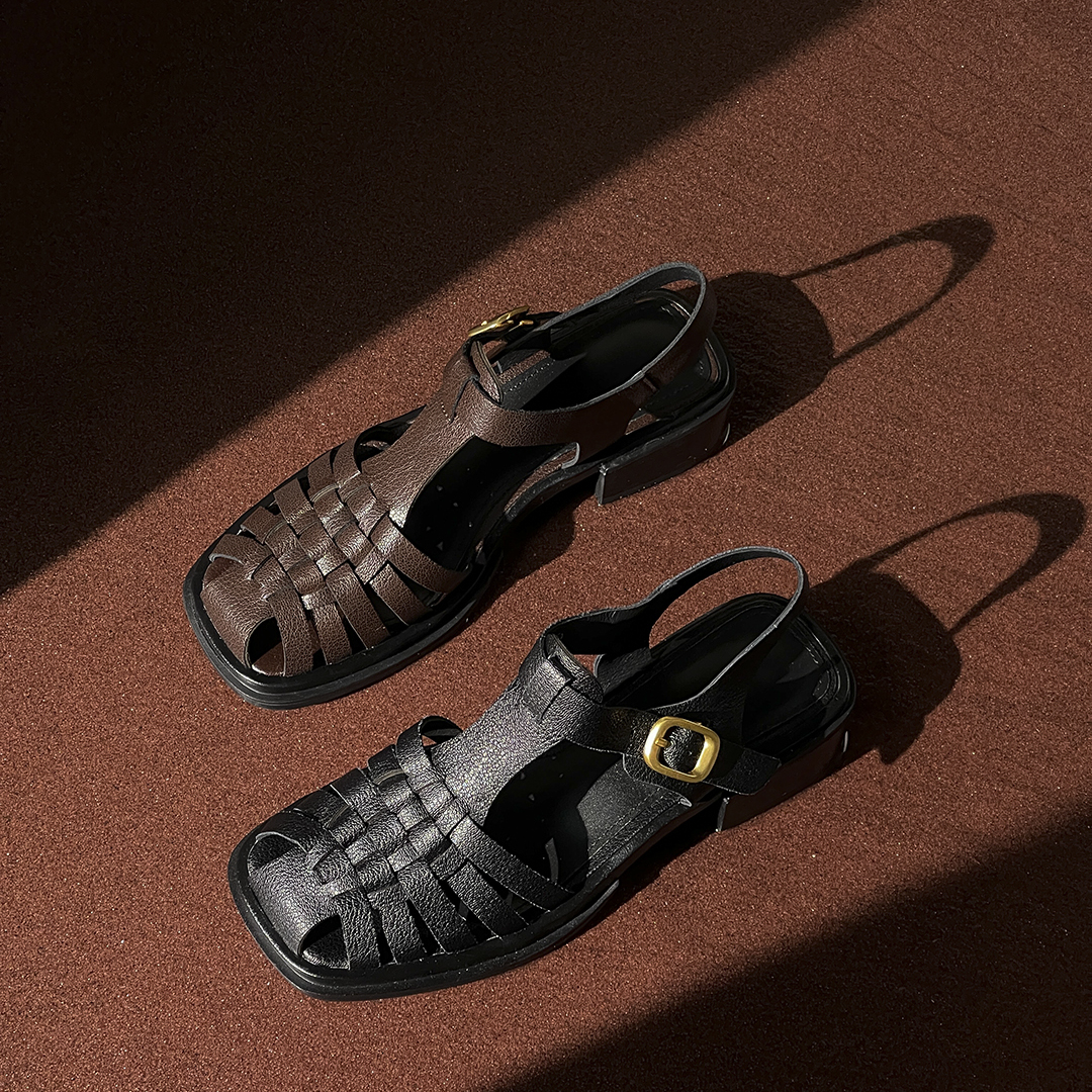 文野羊皮编织后空罗马凉鞋