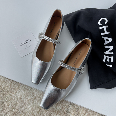 法式羊皮香风链条浅口单鞋