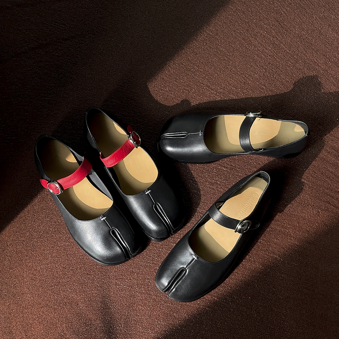 波夏头层小牛皮猪蹄分趾单鞋