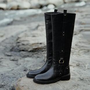 Ventimono设计师新款头层打蜡小牛皮侧拉链粗跟高筒骑士靴