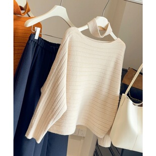 女 气质坑条宽松显瘦针织衫 韩系蝙蝠袖 一字领脖套毛衣女2025秋冬季