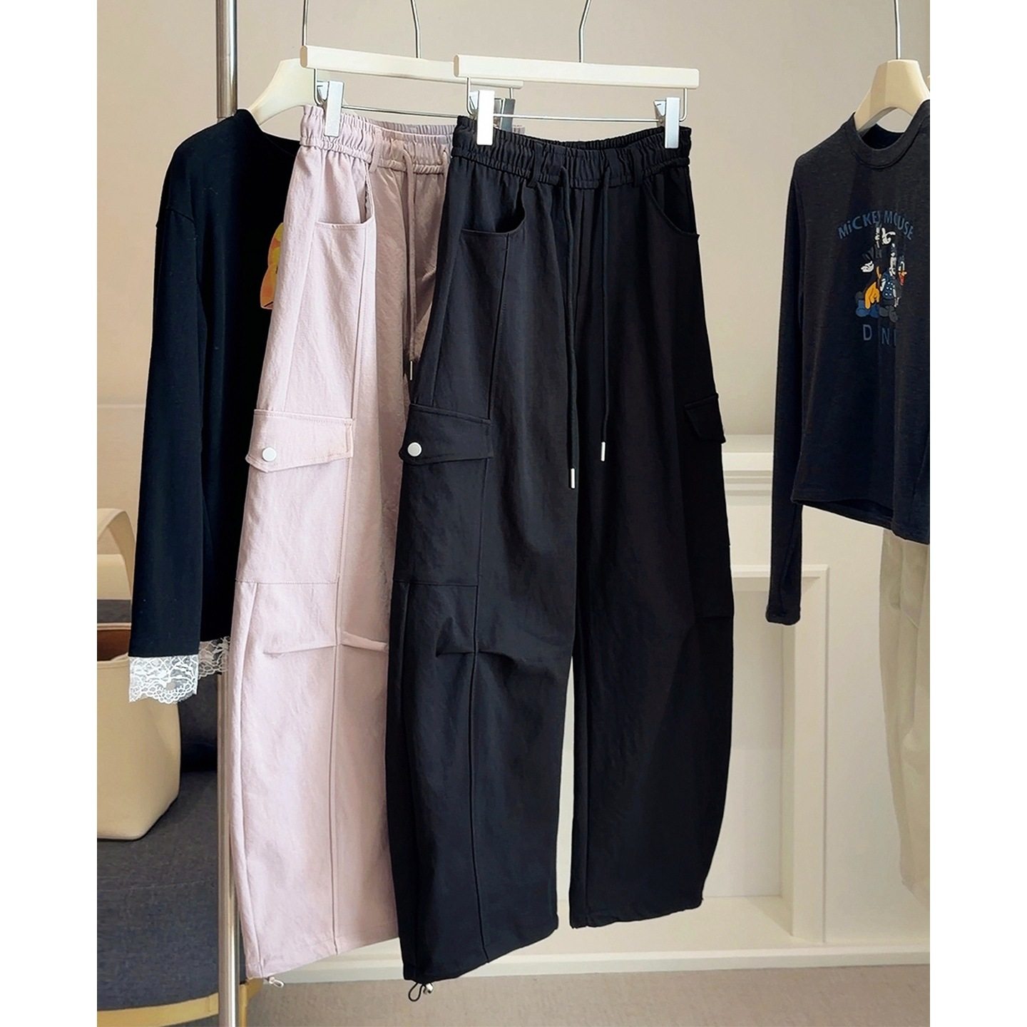 2026春季新款韩系抽绳休闲工装裤女高腰宽松两穿束脚阔腿直筒长裤,女装/女士精品,休闲裤,淘宝优惠券,粉丝福利购,淘宝优惠卷