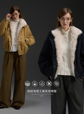 KXLFCHN空穴来风斜纹可拆卸毛领工装夹克棉服外套加厚加绒上衣女