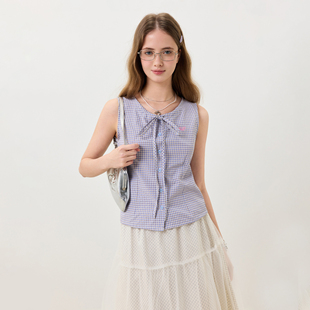 KXLFCHN 空穴来风系带格子无袖衬衫女夏蝴蝶结圆领上衣设计感法式