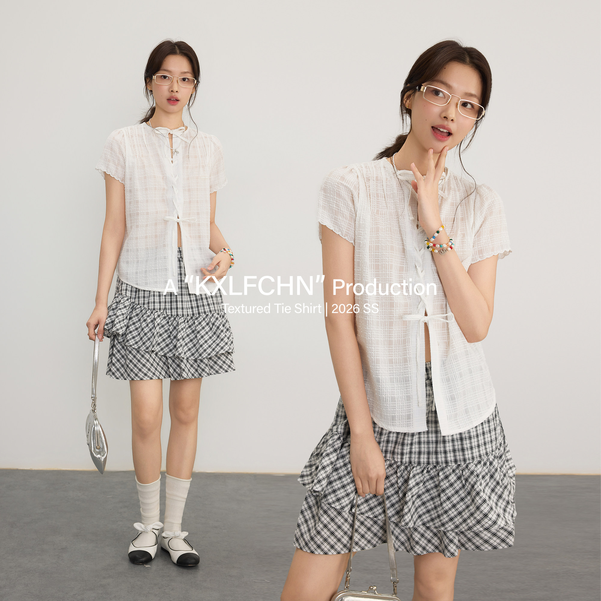 KXLFCHN 空穴来风肌理感绑带衬衫短袖夏季女格纹上衣设计感宽松图片