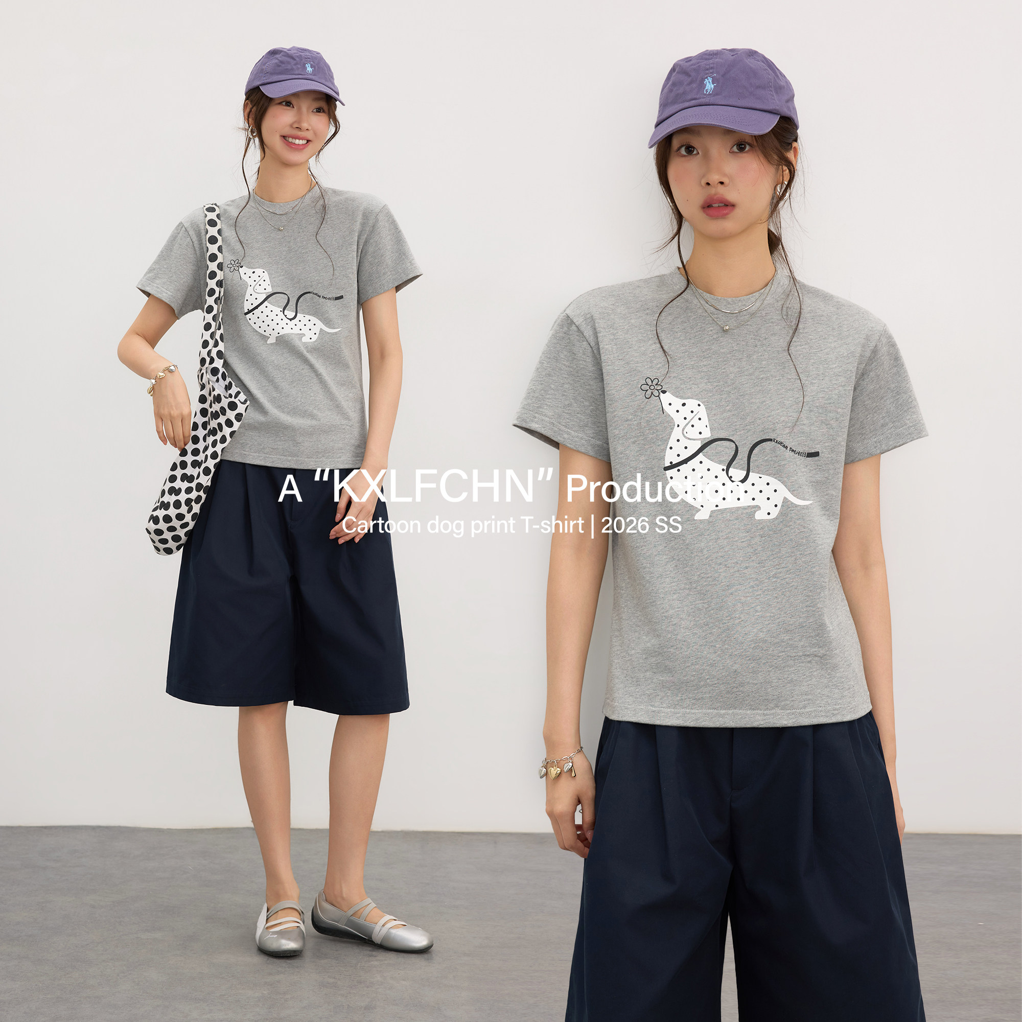 KXLFCHN空穴来风 灰色卡通小狗印花上衣夏季百搭休闲款女短袖T 恤图片