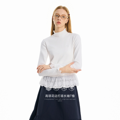 KXLFCHN空穴来风冬新款高领拼接花边T恤女休闲百搭抽褶屁帘打底衫