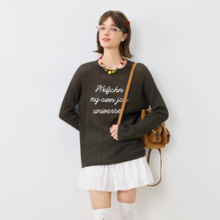 休闲字母长袖 宽松款 上衣女 春秋百搭刺绣针织罩衫 KXLFCHN空穴来风