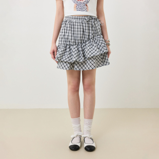 KXLFCHN空穴来风 黑白格子短裙宽松休闲复古百搭格纹褶皱短裙子女