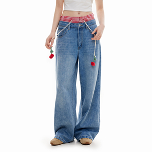 女休闲垂感长裤 KXLFCHN空穴来风 假两件拼接设计感直筒水洗牛仔裤